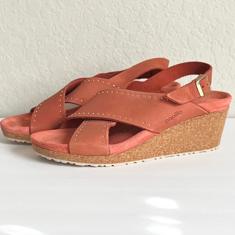 Papillio by Birkenstock Coral Leather Samira Wedge Slingback Sandals 11